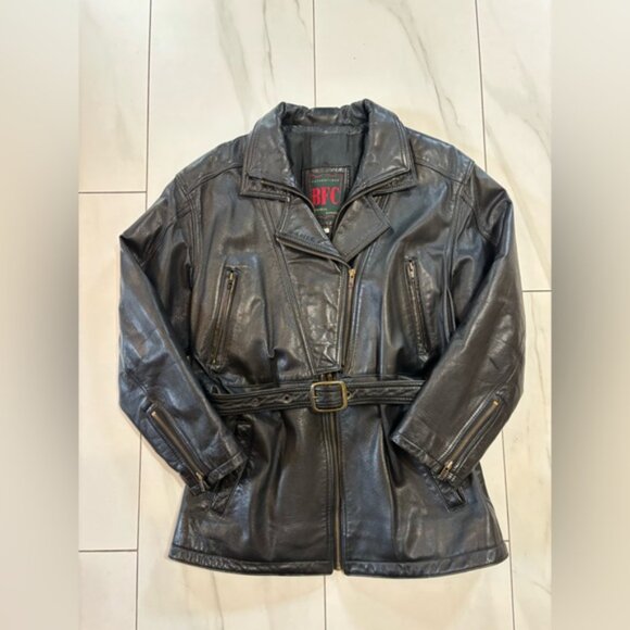 Vintage black leather belted moto jacket - made in Canada size large - Picture 2 of 11